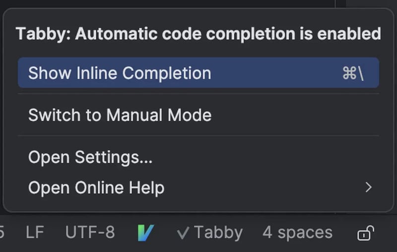 TabbyML on IntelliJ Status Bar