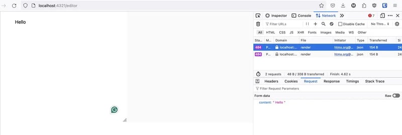 Inspect on the Split Editor to se if htmx works